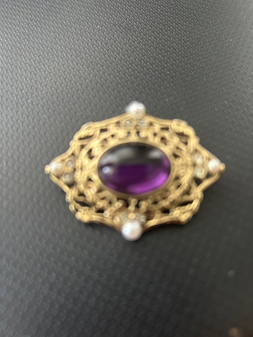 Gold Filigree Brooch with Purple Cabochon and Pearl Accents
